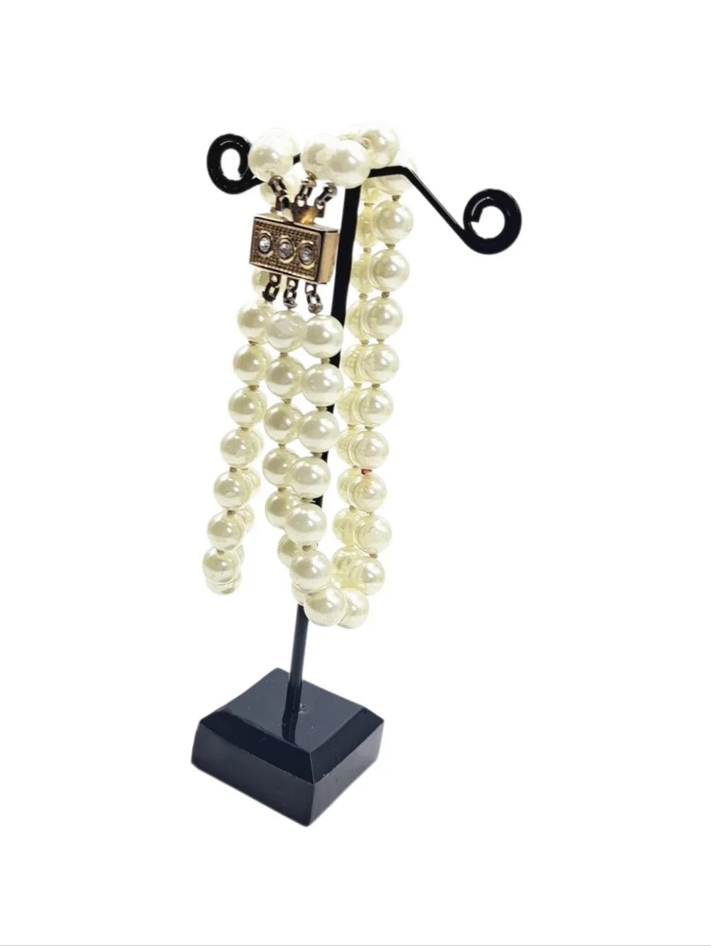 Faux Pearl Triple-Strand Bracelet with Rhinestone Box Clasp